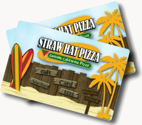 Two beach-themed Straw Hat Pizza gift cards