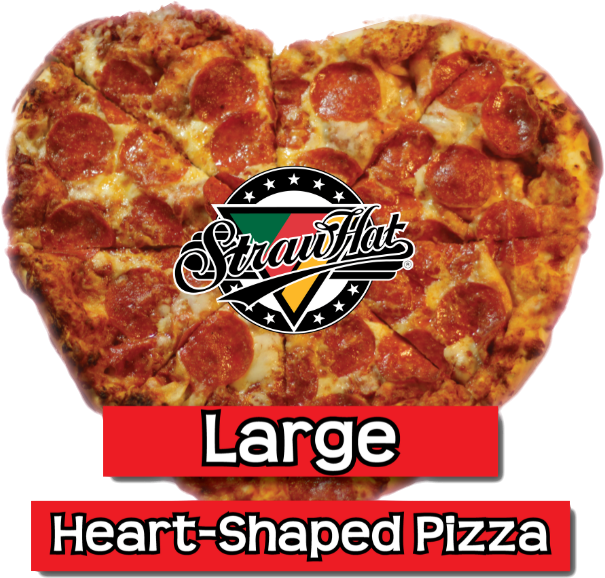 A large, pepperoni pizza in the shape of a heart with the Straw Hat Logo in the center