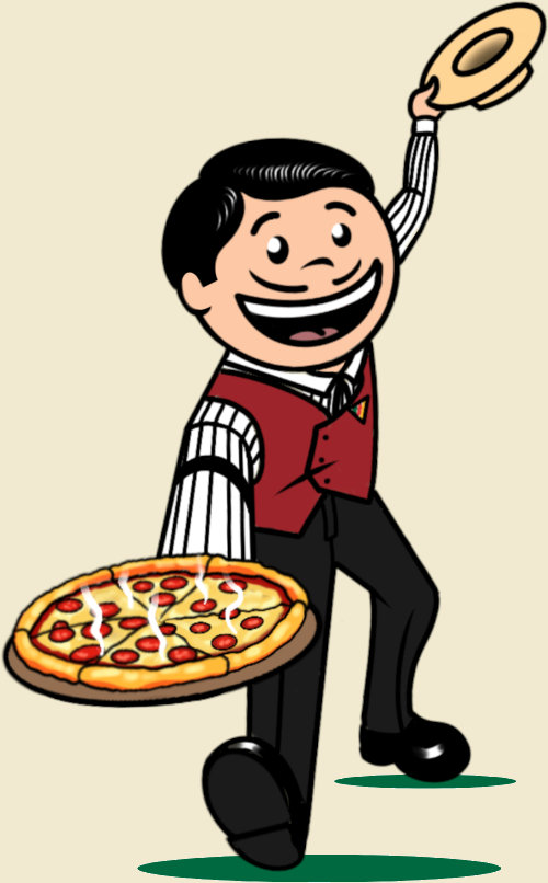 A neatly-dressed, cartoony, old-fashioned pizza maker presents a pipping-hot pepperoni pizza while waving his straw hat into the air